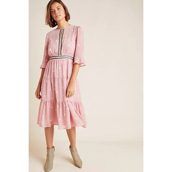 Gal Meets Glam Finley Pink Polka Dot Tiered Midi Chiffon Dress, 6 - Picture 1 of 11